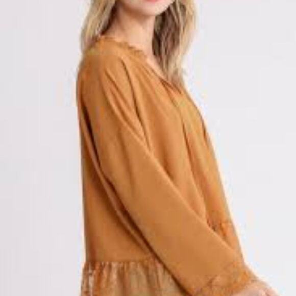 Umgee Tops - 563 UMGEE CLAY TOP WITH TASSEL TIE LACE ACCENTS MUSTARD